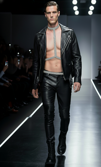 Model walking on a runway wearing a black leather outfit with T-Choker Harness Necklace by Object & Dawn.