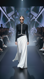 Model walking on a runway wearing a black top and white skirt with TChoker Harness Necklace silver by Object & Dawn