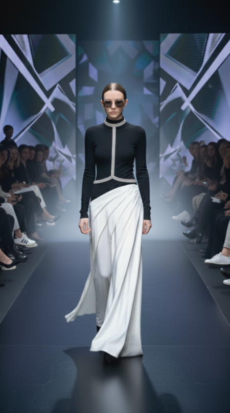 Model walking on a runway wearing a black top and white skirt with TChoker Harness Necklace silver by Object & Dawn