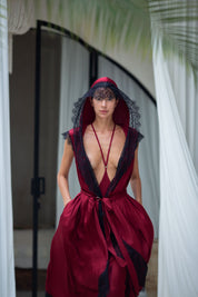 Teuta Lace Trimmed Sleeveles Robe - Burgundy/ Black