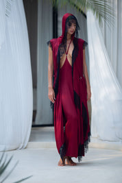 Teuta Lace Trimmed Sleeveles Robe - Burgundy/ Black