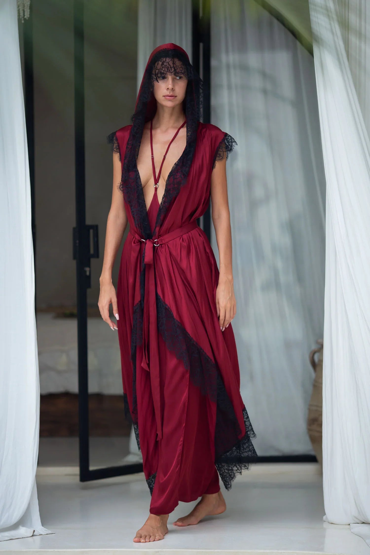 Teuta French Lace Trimmed Silk Robe