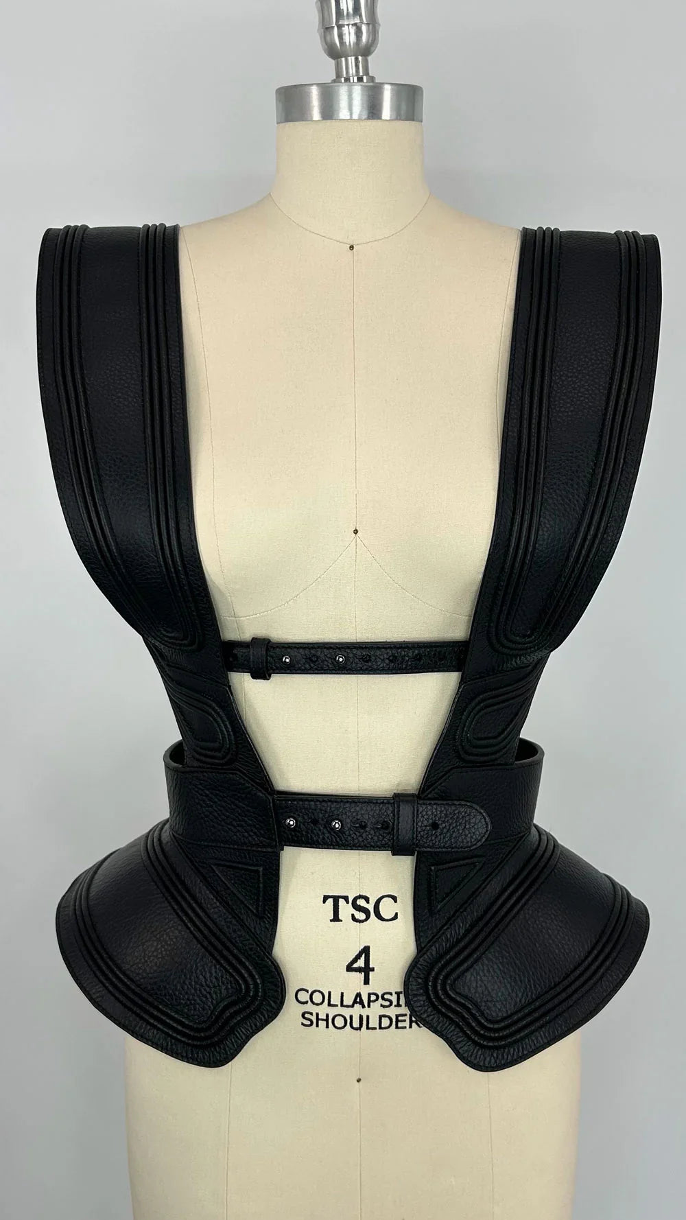 mannequin with premium leather tamoe 3d leather bodice in black by object and dawn