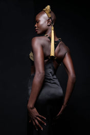 premium black silk harness skirt worn back view by object and dawn