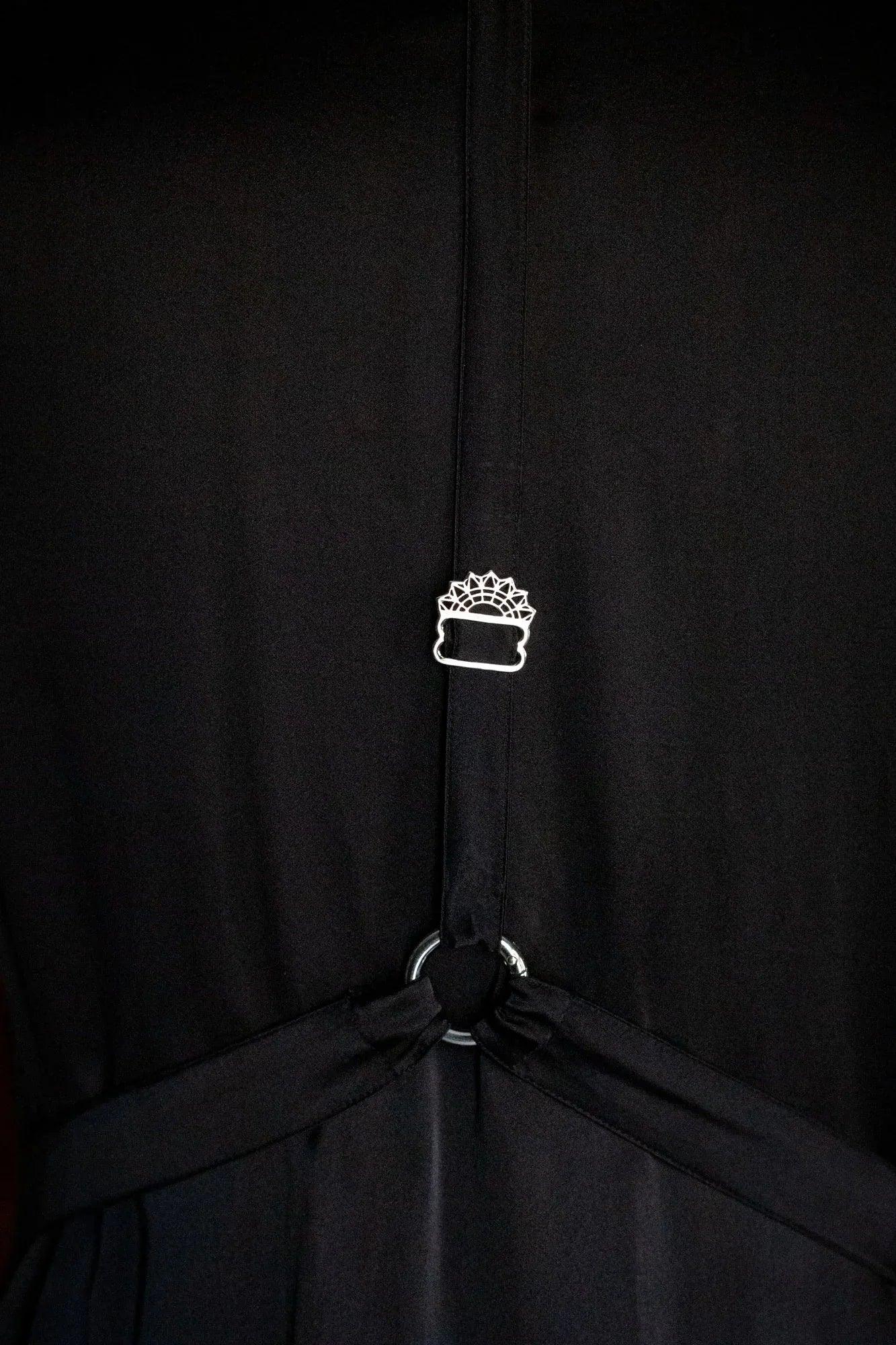 Object & Dawn silk Tamoe Robe design in black, textured metal chain detail