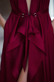 Close Up of Tamoe Top Stiched Robe burgundy by Object & Dawn worn by woman