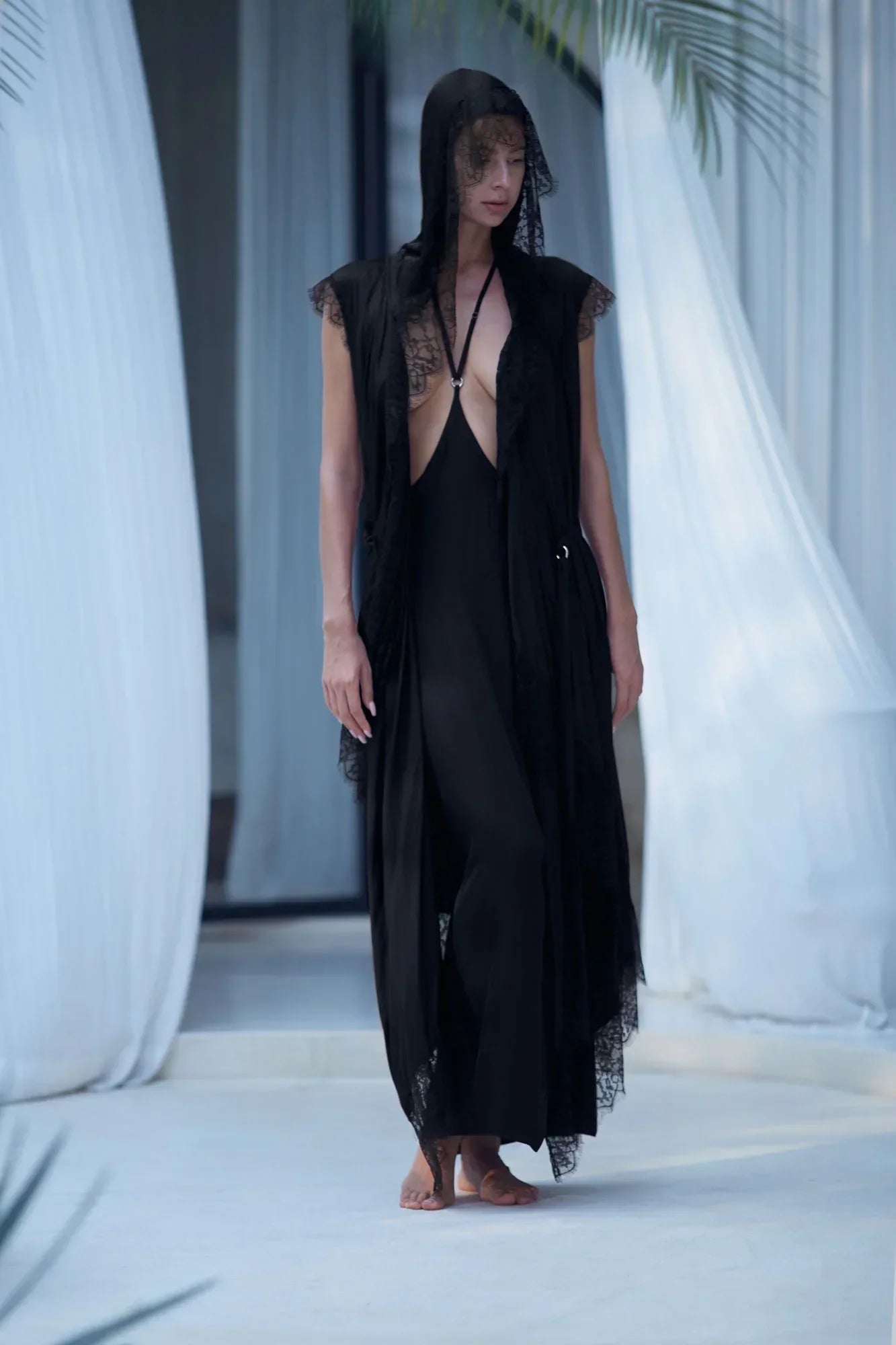Premium Silk Robe Lace with harness skirt black by object and dawn worn front view