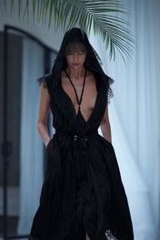 Handcrafted Robe Lace with harness skirt blac by object and dawn worn front view