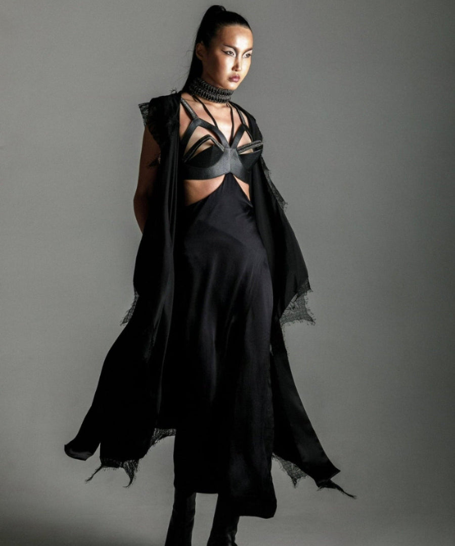 woman with zetian black harness and premium modular silk on grey background by Object&Dawn