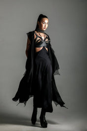 woman with zetian black harness and premium modular silk on grey background by Object&Dawn