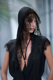 Teuta French Lace Trimmed Silk Robe - Black