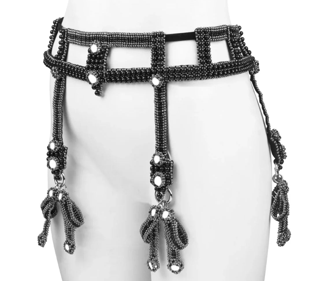 Object & Dawn Beaded Teuta Modular Belt with Amaya Bow in jet black, modular fashion, ghost image on mannequeen side view 
