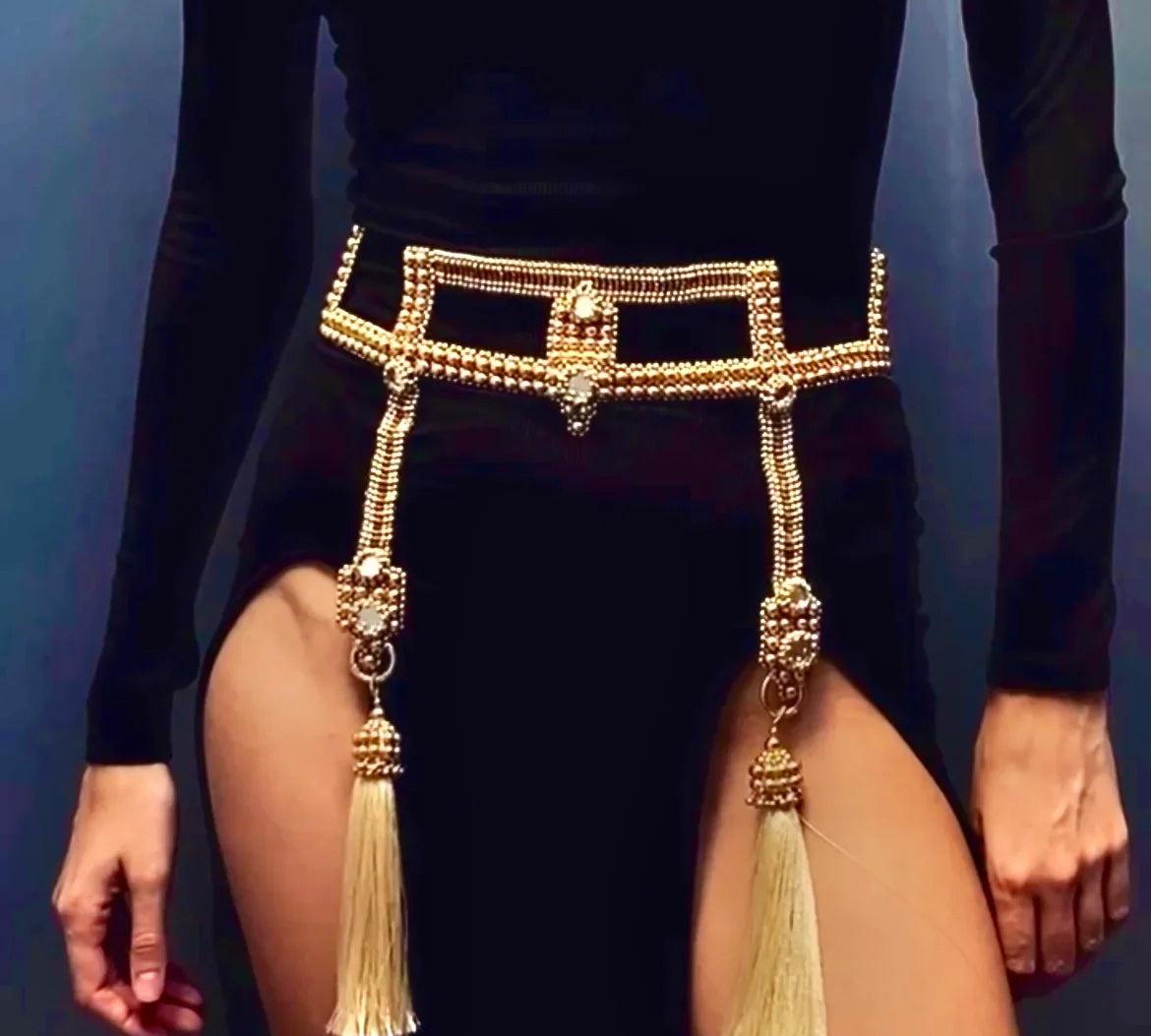 woman in black dress wearing Teuta Modular Belt with 5" tassels in gold by object  dawn