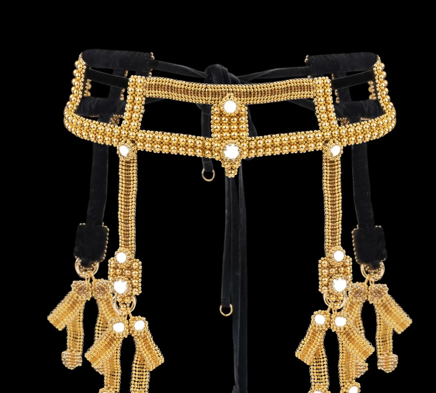 Object & Dawn Beaded Teuta Modular Belt with Amaya Bow in gold, modular fashion, ghost image front view 