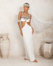 Khutulun top in white with beaded Crown and Bracelets, modern bridal fashion worn view by Object & Dawn 