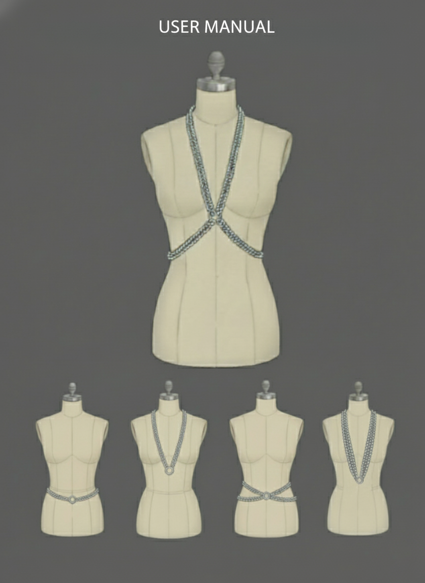 Mannequin wearing a beige dress with X-Beaded Modular Harness on a gray background