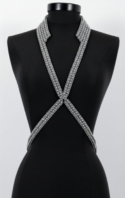 V-Necklace Harness by Object & Dawn on a mannequin against a white background
