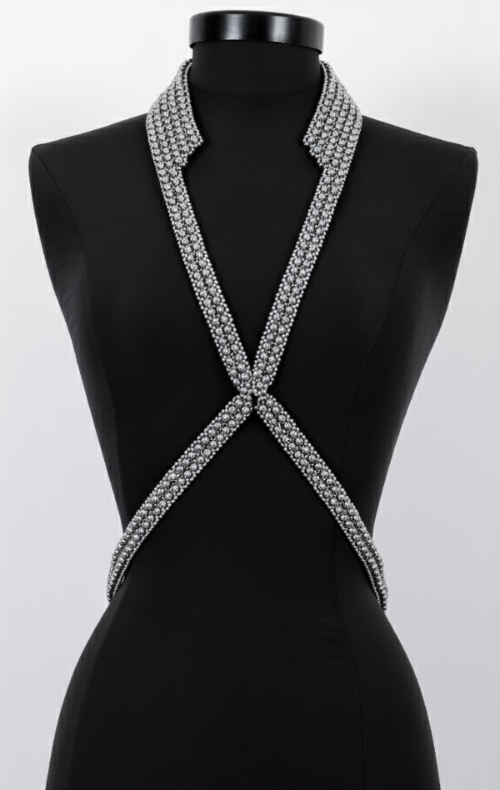 V-Necklace Harness by Object & Dawn on a mannequin against a white background