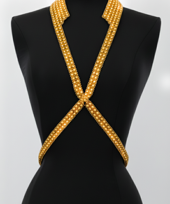 Mannequin wearing V-Necklace Harness gold by Object & Dawn on a white background