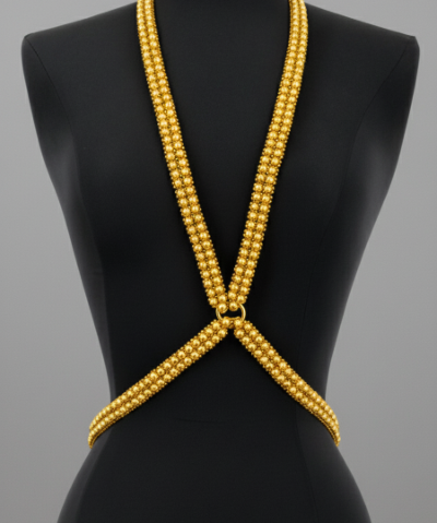 X-Shape Harness Necklace on a black mannequin against a gray background by Object & Dawn.