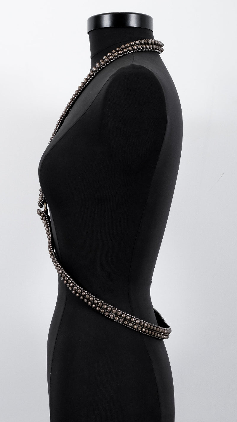 X-Shape Harness Necklace on a mannequin against a white background by Object & Dawn