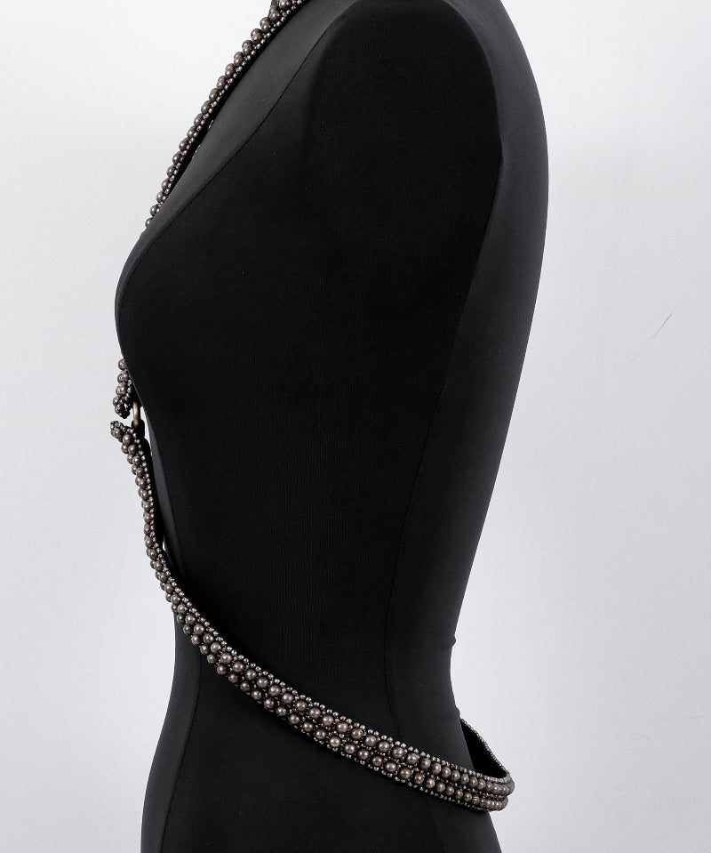 X-Shape Harness Necklace on a mannequin against a white background by Object & Dawn