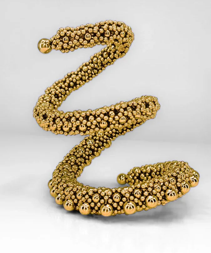 Beaded Zeitan Spiral Cuff in Gold, premium handcrafted accessory, beaded detail in white back ground by Object & Dawn