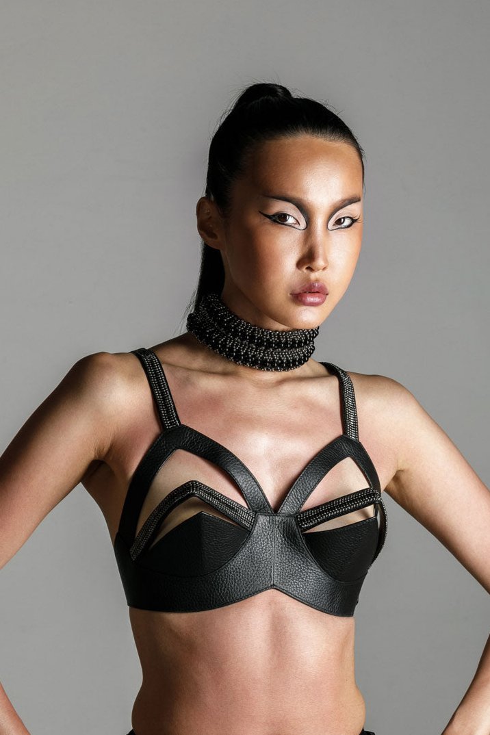 Zetian Leather Beaded Bra Top