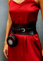 woman in red dress wear corset belt black with beaded leather coin bag by object & dawn