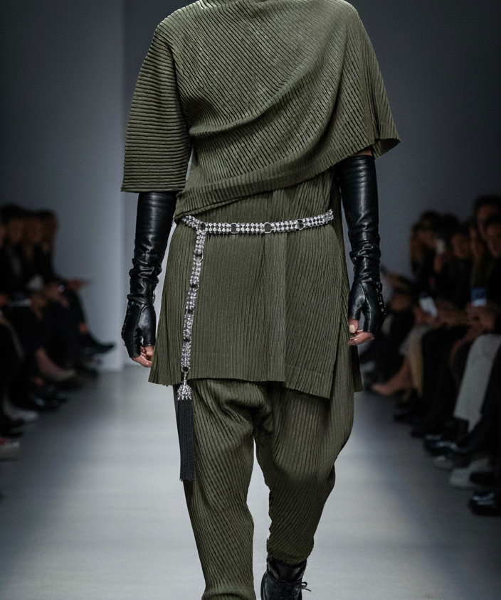 Man walking on a runway wearing a green outfit with and Beaded Belt on black boots and hat by Object & Dawn.