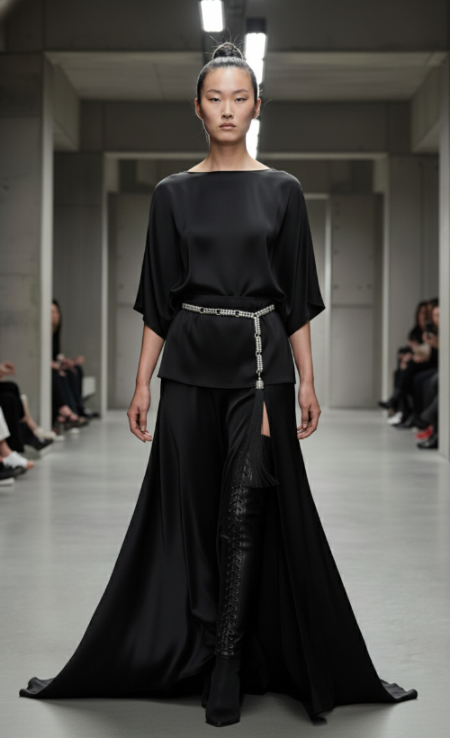 Woman wearing a black outfit with Beaded Chain Belt by Object & Dawn on a runway.