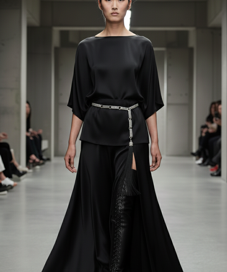 Woman wearing a black outfit with Beaded Chain Belt by Object & Dawn on a runway.