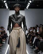Woman walking on a fashion runway wearing a metallic top and beige pants with Beaded Chain Link Belt by Object & Dawn.
