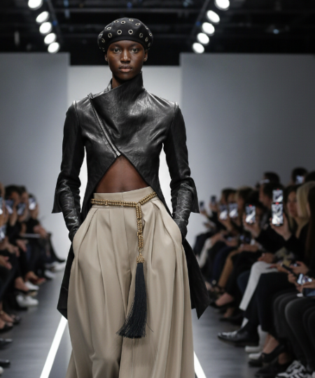 Woman walking on a fashion runway wearing a metallic top and beige pants with Beaded Chain Link Belt by Object & Dawn.