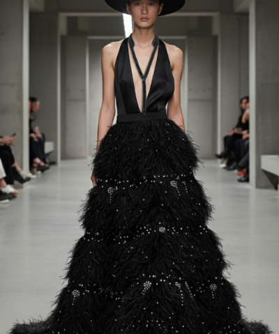 Woman wearing a black, feathered gown with Collar Tie by Object & Dawn on a runway.
