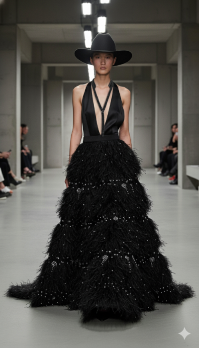 Woman wearing a black, feathered gown with Collar Tie by Object & Dawn on a runway.