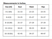 Measurement chart for clothing sizes in inches