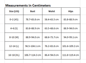 table sizing chart in centimeters