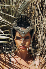 Complete Jas Modular Headpiece System:  w/Face Chain & Cowrie Shell Tassels, in Silver