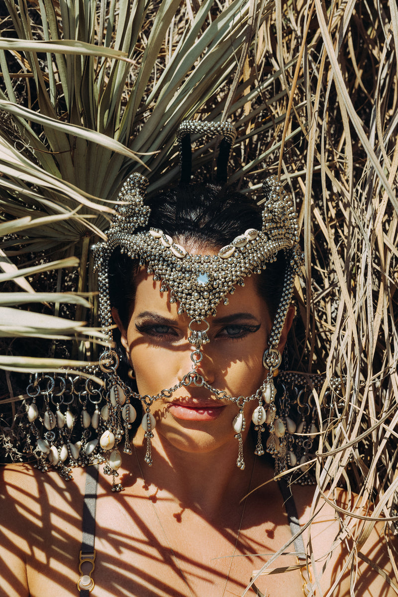 Complete Jas Modular Headpiece System:  w/Face Chain & Cowrie Shell Tassels, in Silver