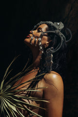 Complete Jas Modular Headpiece System:  w/Face Chain & Cowrie Shell Tassels, in Silver