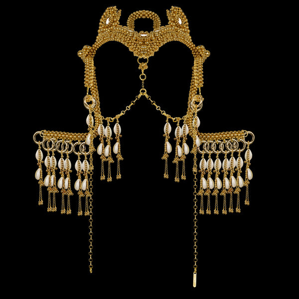 Complete Jas Modular Headpiece System: w/Face Chain & Cowrie Shell Tassels, in Gold