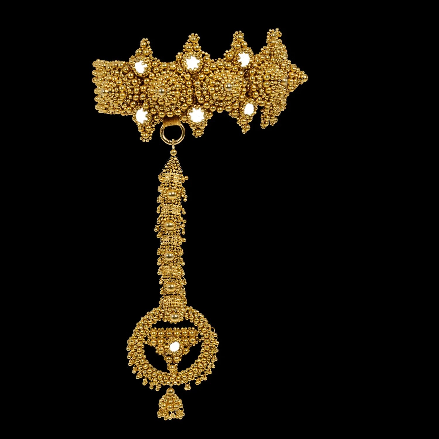 handcrafted modular crown from fully coated silver beads with 22k gold wash in black background side view