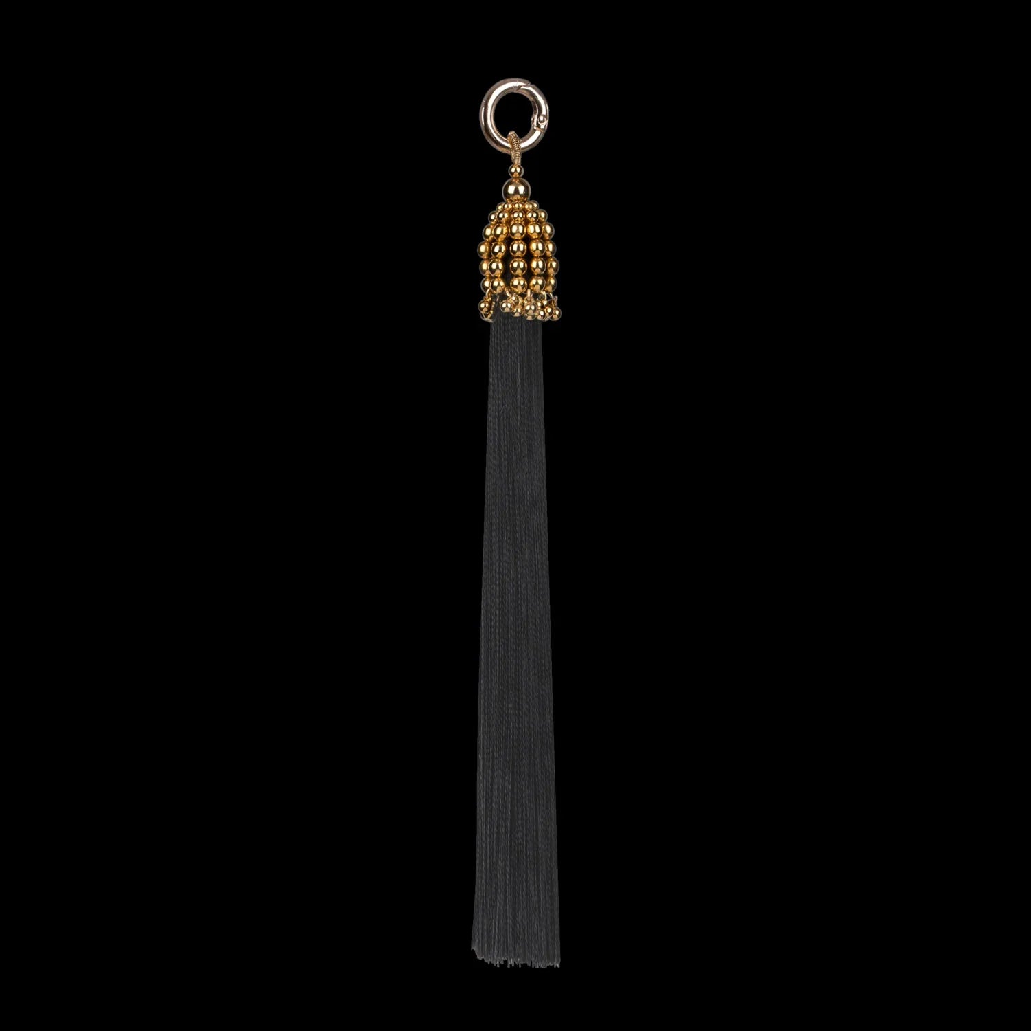 handcrafted beaded tassel gold 11 inch with black threads by object and dawn