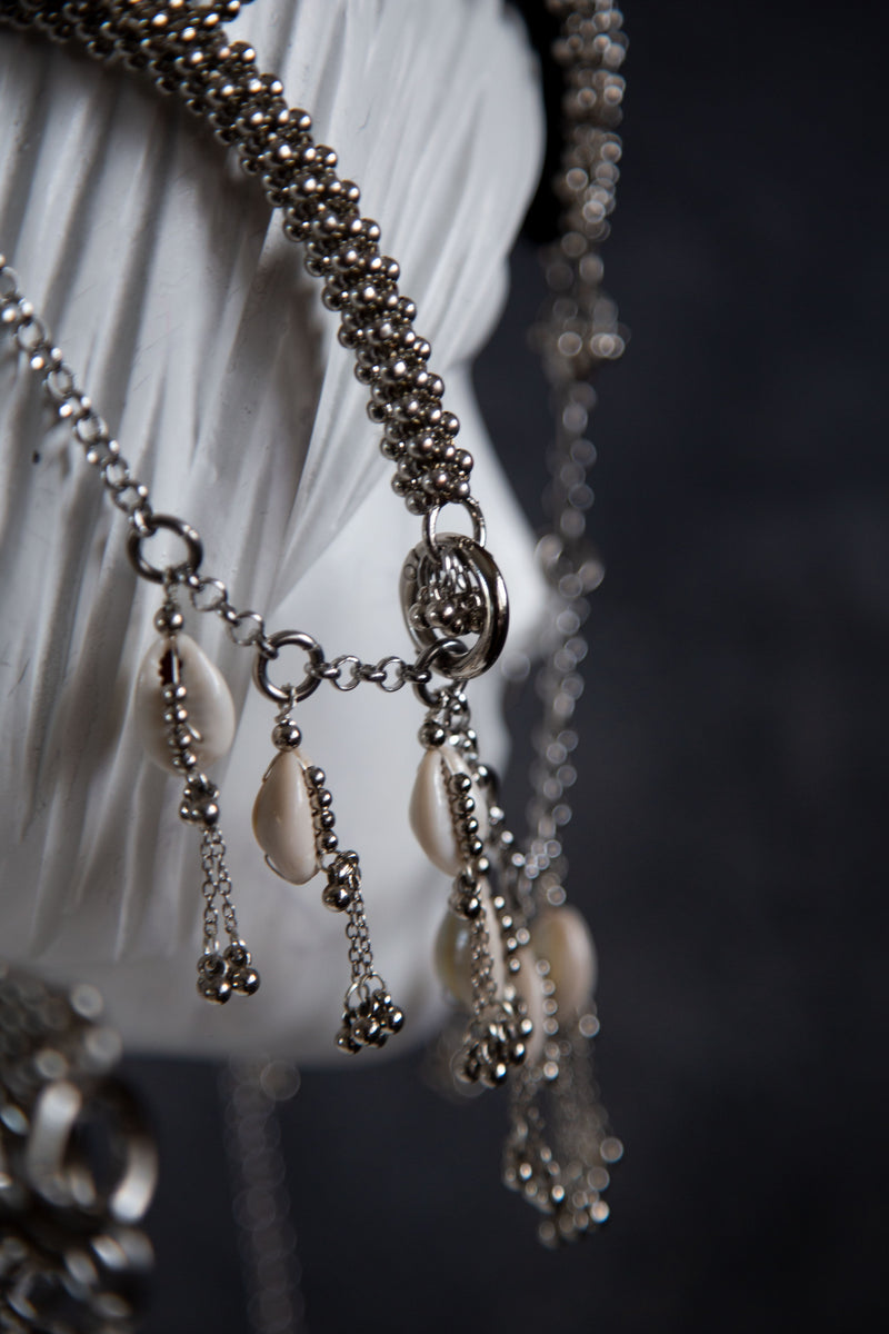 Complete Jas Modular Headpiece System:  w/Face Chain & Cowrie Shell Tassels, in Silver