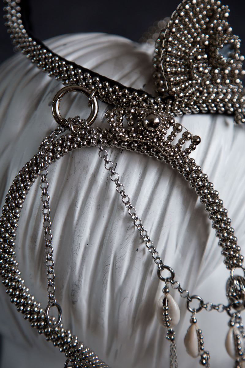 Complete Jas Modular Headpiece System:  w/Face Chain & Cowrie Shell Tassels, in Silver
