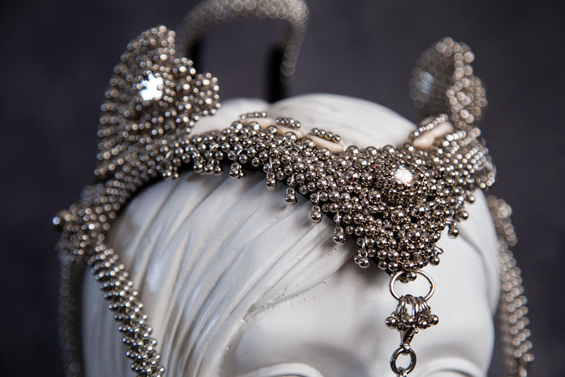 Complete Jas Modular Headpiece System:  w/Face Chain & Cowrie Shell Tassels, in Silver