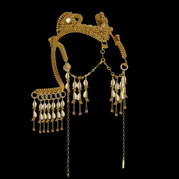 Complete Jas Modular Headpiece System: w/Face Chain & Cowrie Shell Tassels, in Gold