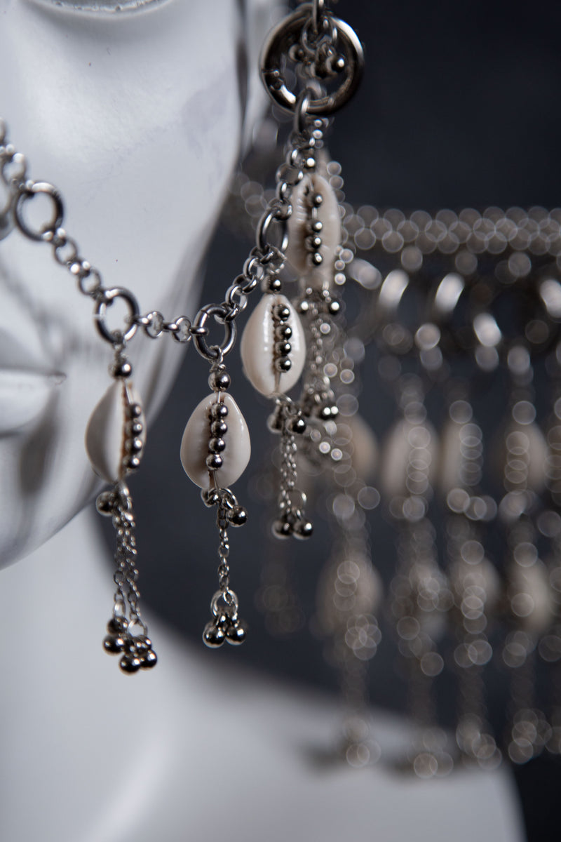 Complete Jas Modular Headpiece System:  w/Face Chain & Cowrie Shell Tassels, in Silver