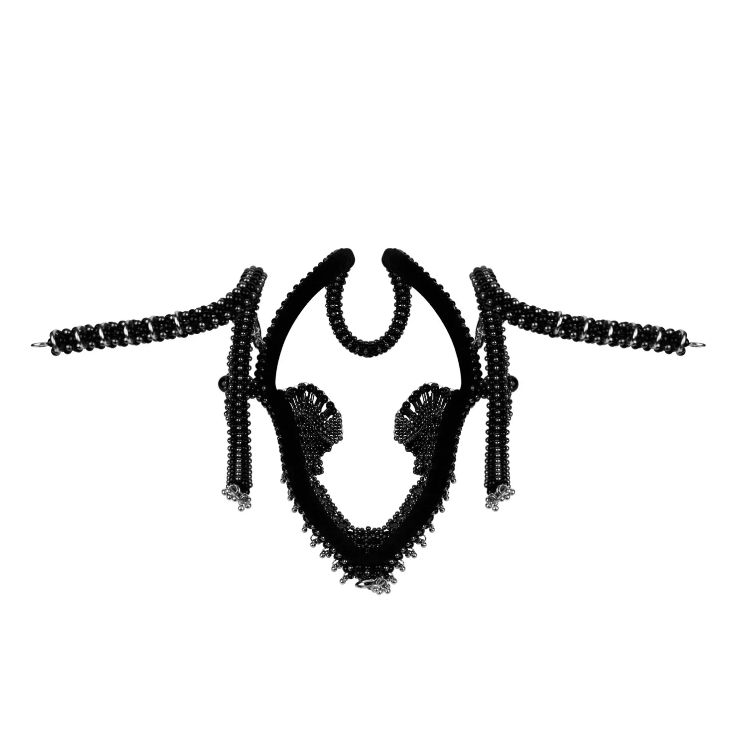 Handcrafted modular beaded jas headpiece system in jet black by Object and dawn ghost image lining